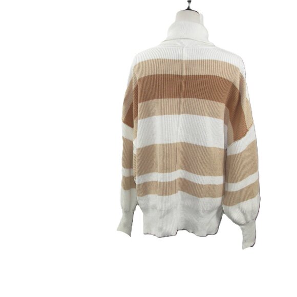 Aerie NWOT Tan Stripe Partial Zip 100% Cotton Turtleneck Sweater Size Medium - Picture 5 of 7